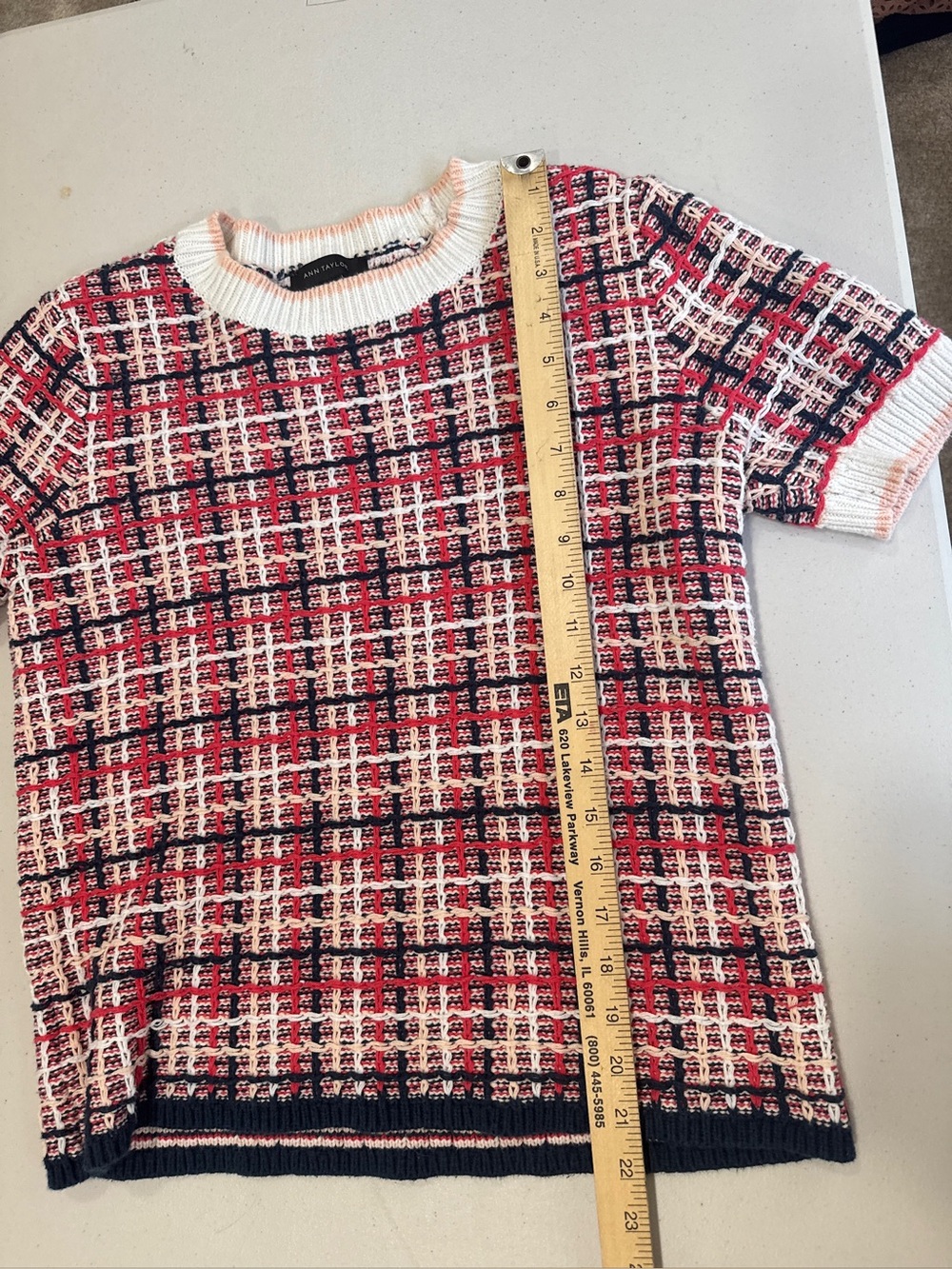 Ann Taylor Tweed Knit Short Sleeve Sweater Top pink Navy Ivory Size M - Picture 6 of 8
